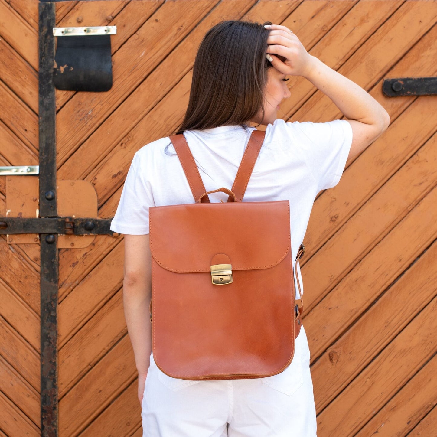 Natural Leather Saddle Backpack - Light Brown