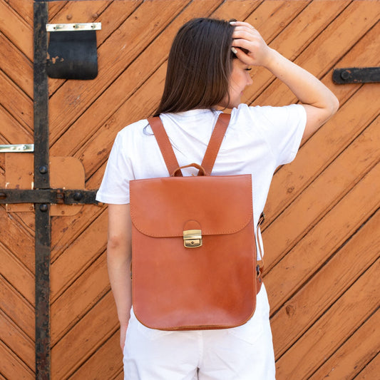 Natural Leather Saddle Backpack - Light Brown