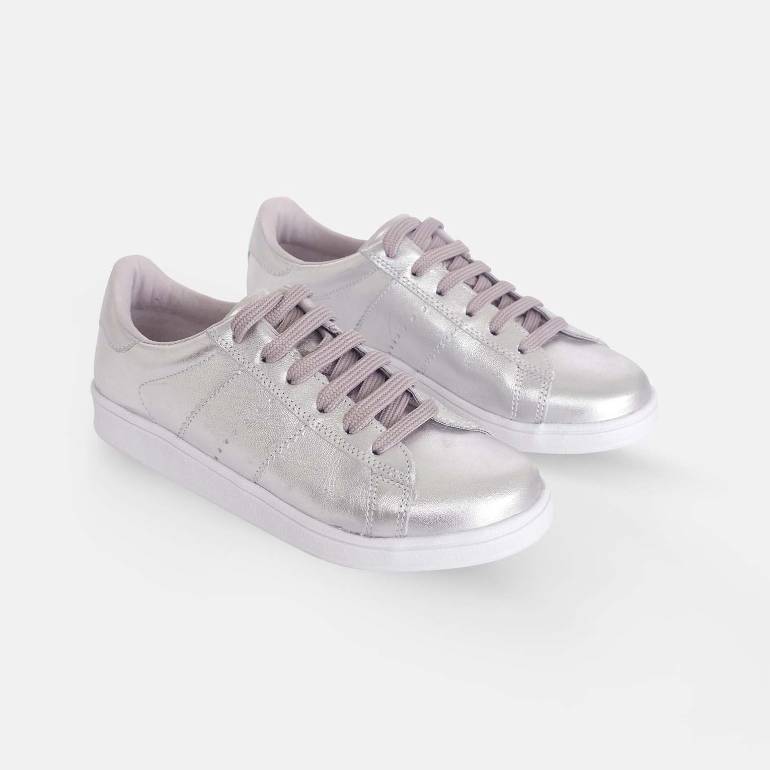 Women's Leather Sneakers - Metallic Silver