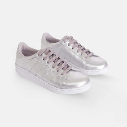 Women's Leather Sneakers - Metallic Silver