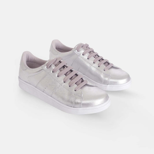 Women's Leather Sneakers - Metallic Silver