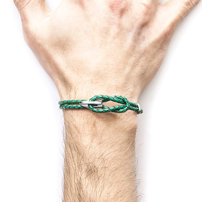 Padstow Silver and Braided Leather Bracelet - Fern Green